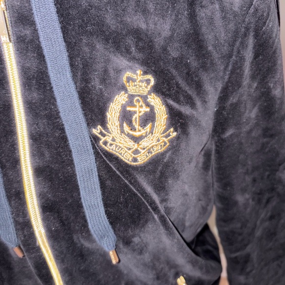 Lauren Ralph Lauren black velour zip up hooded jacket gold logo accents - Picture 2 of 6